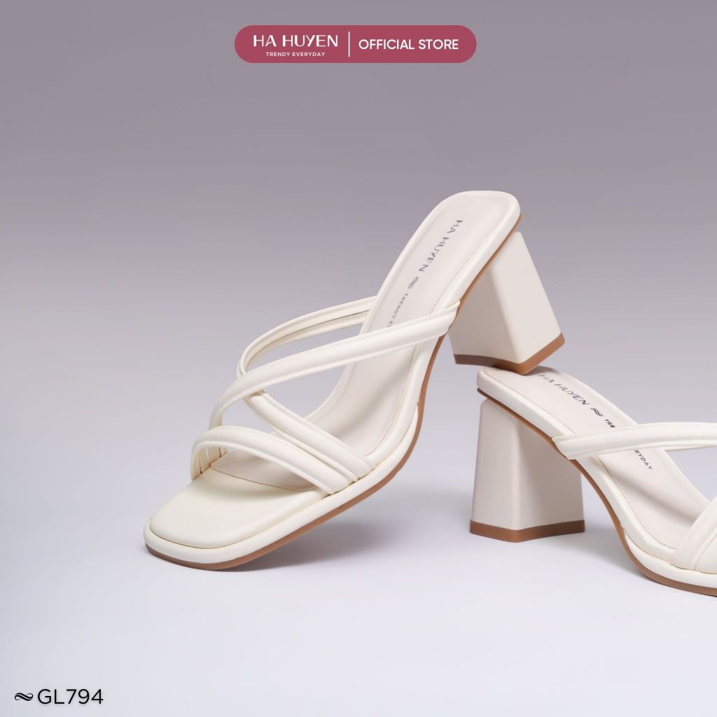 Guốc, dép cao gót nữ HÀ HUYỀN da lì quai mảnh chéo gót vuông 7cm - GL794