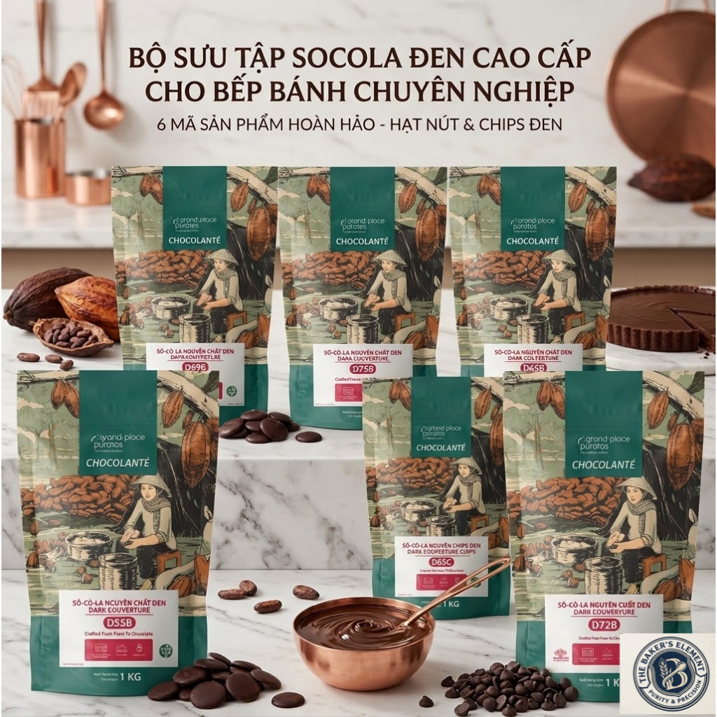 Socola Puratos Nút Đen Dark Ghana 55%/65%/69%/72%/75% - Bịch 1kg bao bì mới