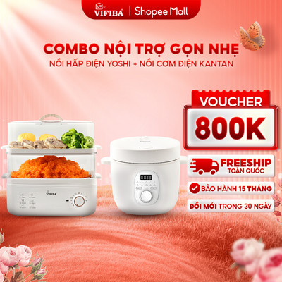 Combo nội trợ gọn nhẹ: Nồi hấp hẹn giờ tự ngắt điện Yoshi - Nồi cơm điện hẹn giờ Kantan chính hãng, bảo hành 15 tháng