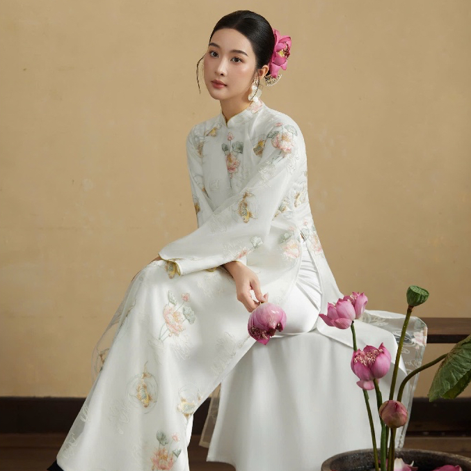 Áo Dài Bạch Liên - Cổ Truyền Thống - EDINI - A1709 - Trắng