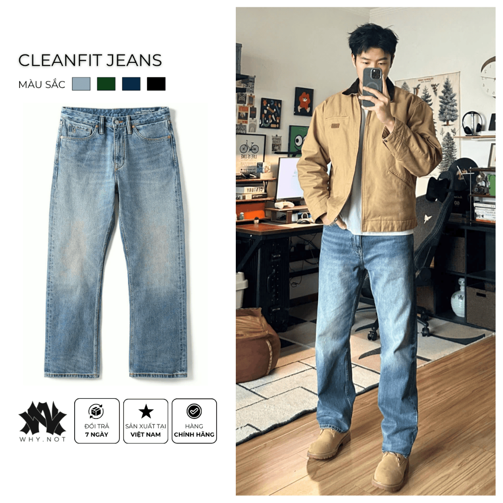 CLEAN FIT QUẦN JEAN NAM ỐNG ĐỨNG WASH MÀU OCEAN BLUE - QUẦN JEAN WASH MÀU THỜI TRANG - QUẦN BÒ NAM, 