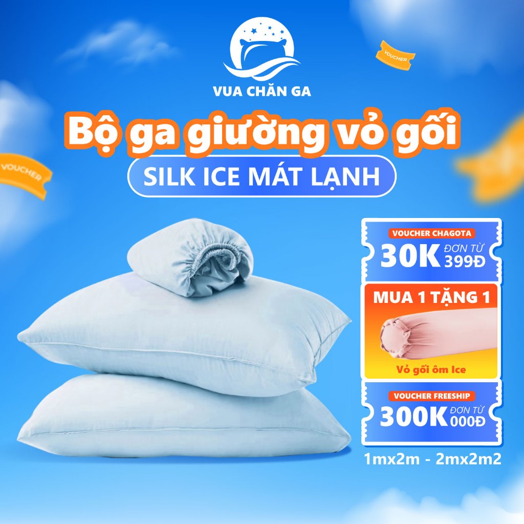 Bộ Ga Gối 3 Món Silk Ice Chagota, Khả Năng Làm Mát, Độ Bền Tính Năng Cao 1mx2m đến 2mx2m2 ( 2 Vỏ Gối