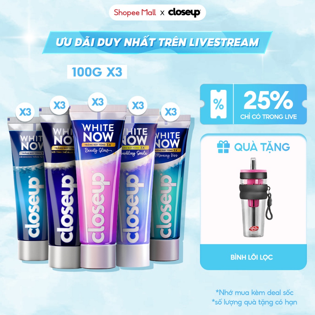 [LIVE] Combo 3 kem đánh răng CLOSEUP White Now - Trắng Bật Tông 3X tức thì từ Công nghệ Ánh Sáng Xanh 100g