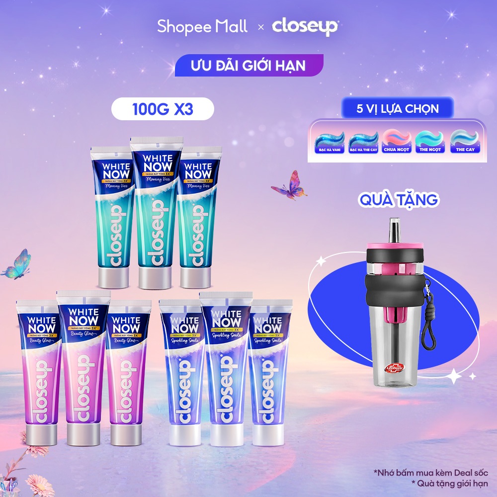 Combo 3 Kem đánh răng Closeup White Now - Trắng Bật Tông 3X TỨC THÌ với Công nghệ Ánh Sáng Xanh 100g