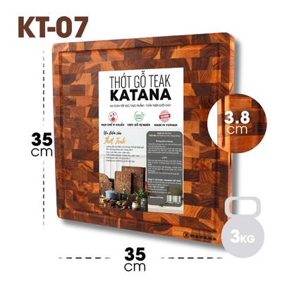 Thớt gỗ teak cao cấp KATANA cỡ lớn dày 3.8cm KT07 - thớt hình vuông kích thước 38x350x350mm
