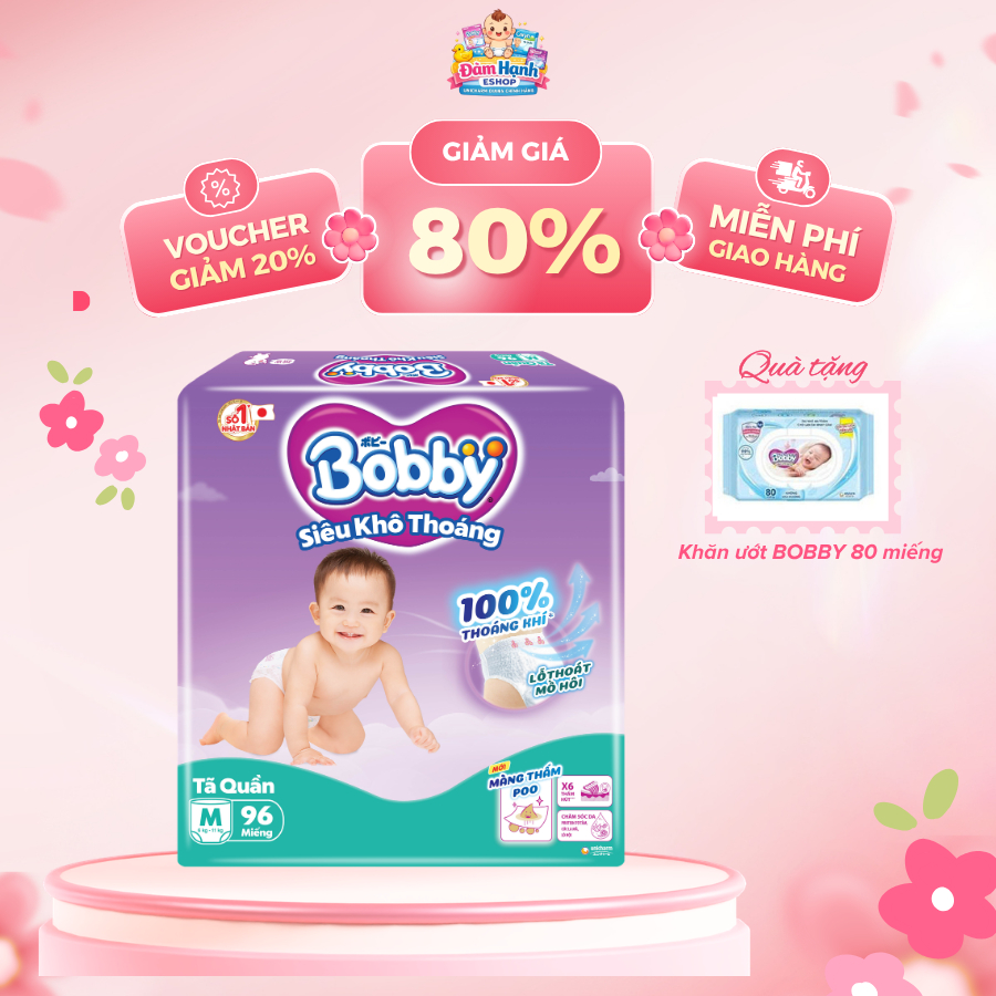 Tã quần Bobby Ultra+ M96 / L88 / XL74 / XXL68 (QÙA TẶNG 1 GÓI KHĂN ƯỚT BOBBY 80 TỜ