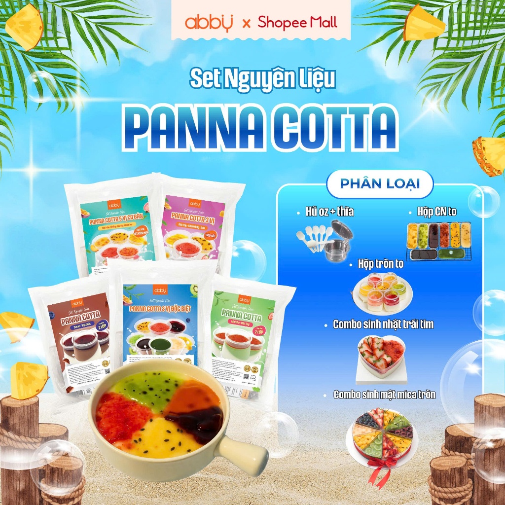 [ABBY] Set nguyên liệu làm Panna Cotta mix 5 vị siêu sốt - thành phẩm 50 -55 hũ - Bột trộn sẵn, mứt 