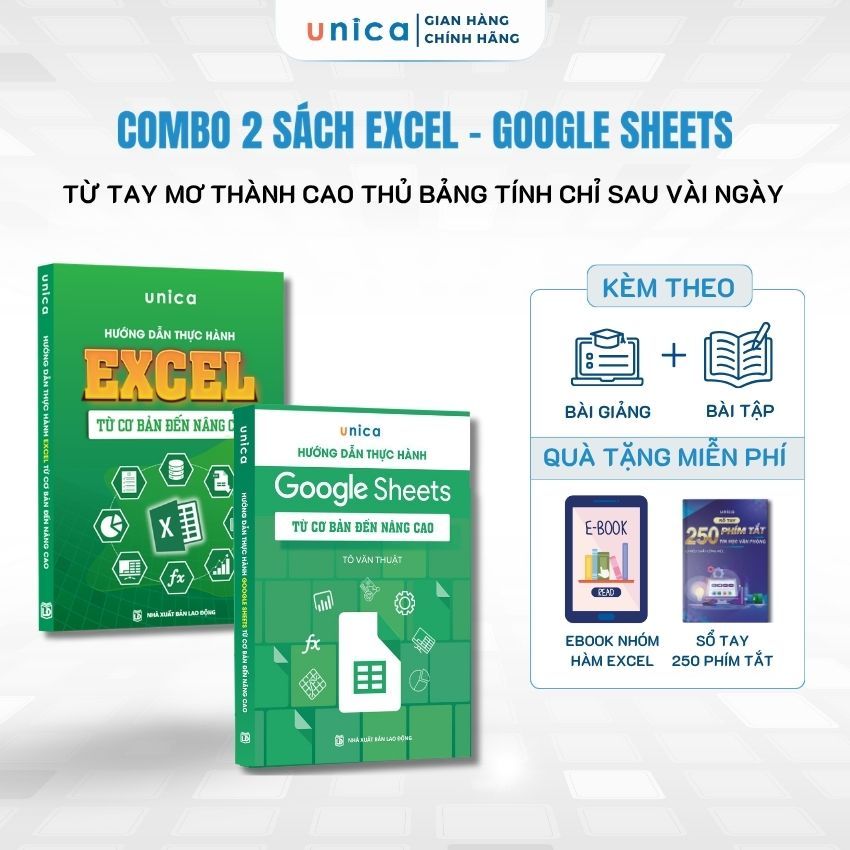 Combo 2 Sách Excel - Google Sheets Unica giúp làm chủ tin học văn phòng kèm khóa học online