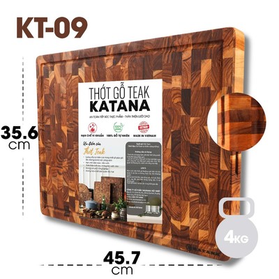 Thớt gỗ teak cao cấp KATANA cỡ lớn dày 3.8cm KT09 - thớt hình chữ nhật kích thước 38x356x457mm