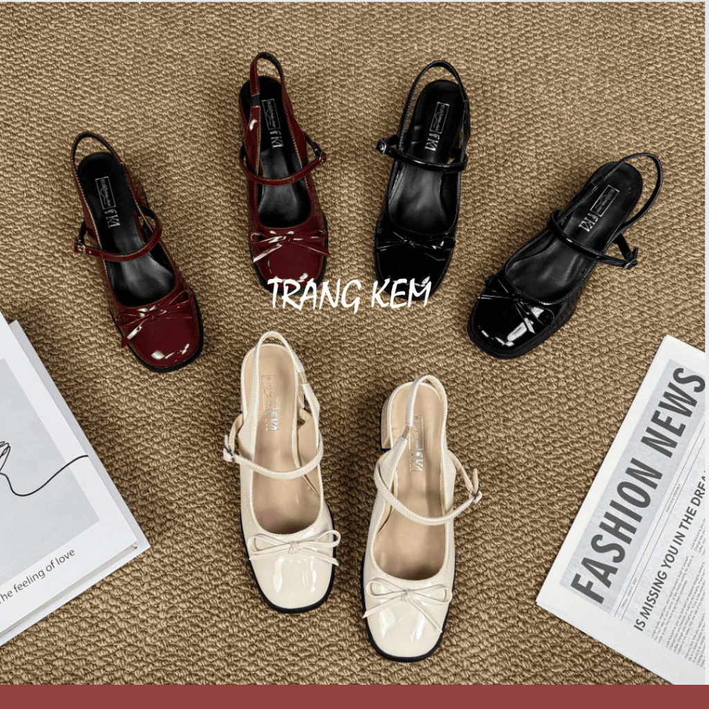 Giày Cao Gót Nữ Đế Vuông 5p Đính Nơ Quai Ngang - Giày Bít Mũi Đế Cao Đi Làm Đi Chơi PM61