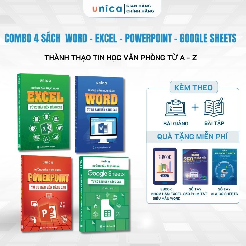 Combo 4 Sách Word - Excel - Powerpoint - Google Sheets Unica Thành Thạo Tin Học Văn Phòng Từ A-Z