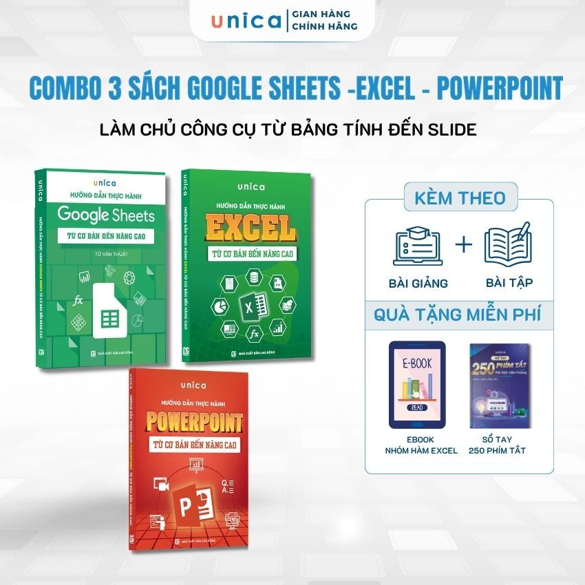 Combo 3 Sách Google Sheets - Excel - PowerPoint Unica làm chủ tin học văn phòng có kèm bài giảng