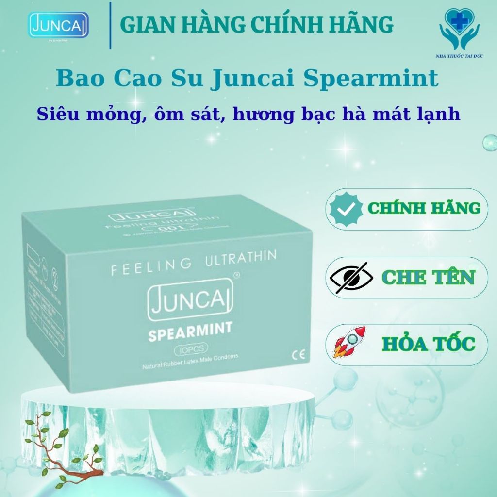 Bao cao su JUNCAI 001 Spearmint size nhỏ 49mm, siêu mỏng,  hương bạc hà nhiều gel, hộp 10 chiếc
