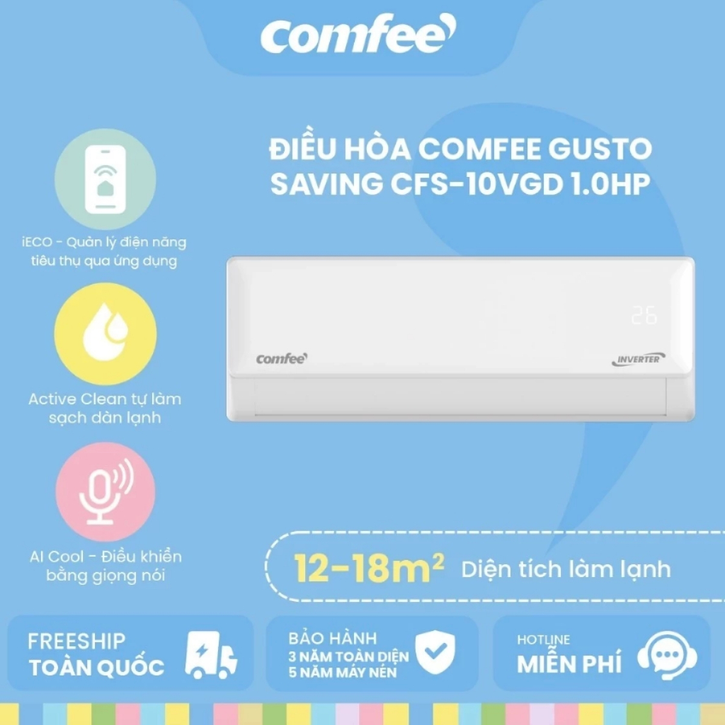 [Shopee giao lắp 0Đ HCM - HN Cũ] Máy lạnh Comfee Inverter 1HP CFS-10VGD 9000 BTU - BH 36 tháng