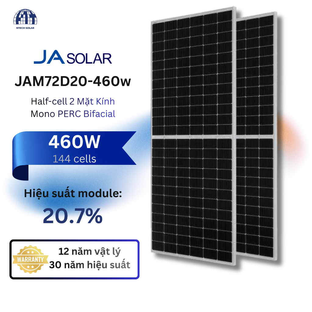 Tấm Pin Năng Lượng Mặt Trời JA Solar 460W JAM72D20 | Công nghệ Mono | 2 Mặt Kính Bifacial | Hiệu suấ