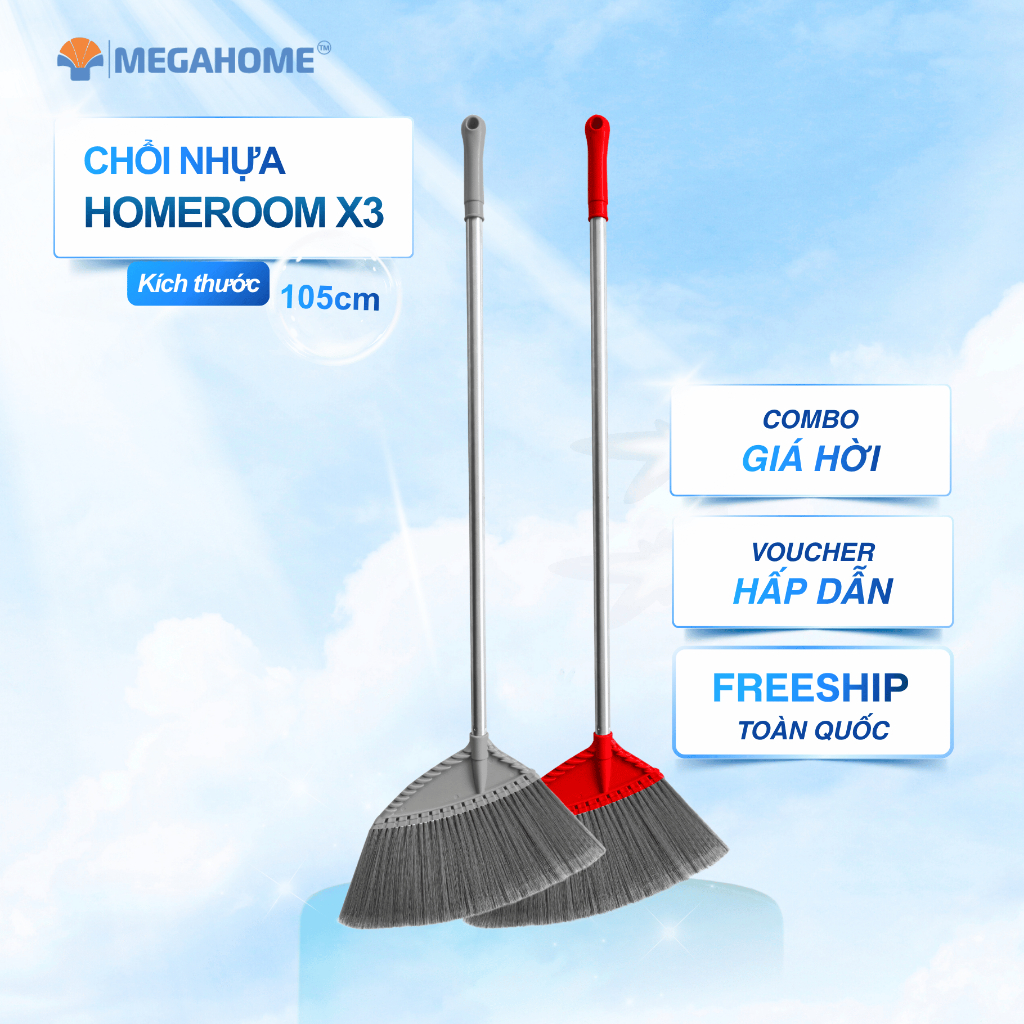 Chổi HomeBroom X3 Megahome thân cây inox, cước mềm mại thích hợp quét nhà