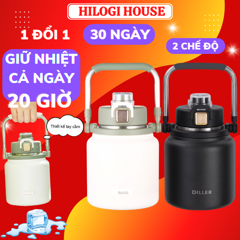 [LOGO MỚI] Bình giữ nhiệt baol 1800ml, , bình nước giữ nhiệt inox 304, ống hút vòi rót và quai xách,