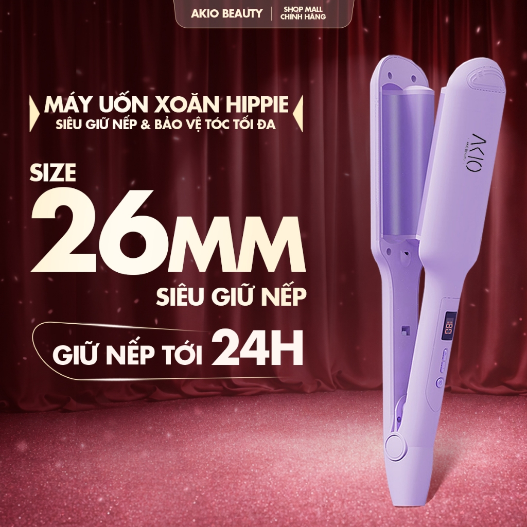 Máy Uốn Tóc Hippie  AKIO BEAUTY  2 trục  26mm, Công Nghệ Ion Âm, Phủ Men Gốm, Làm Nóng Nhanh 10s