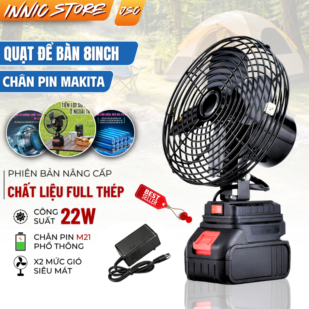 Quạt Tích Điện 8inch Chất Liệu Full Thép Không Rỉ Dùng Pin Phổ Thông M21 Quạt Sạc Pin Tích Điện Với 2 Mức Độ Gió Siêu Êm