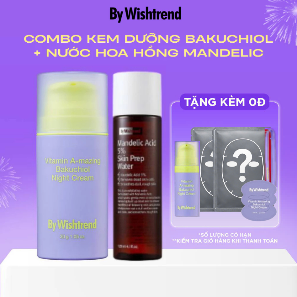 Combo Kem dưỡng hỗ trợ chống lão hóa BAKUCHIOL + Nước hoa hồng By Wishtrend Mandelic Acid 5% Skin Pr
