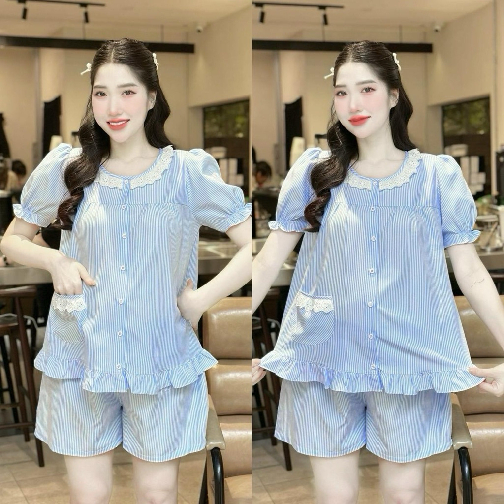 EVERMOM l Đồ bộ bầu và sau sinh A2 ĐÙI SỌC BÈO REN vải cotton nhẹ mát.