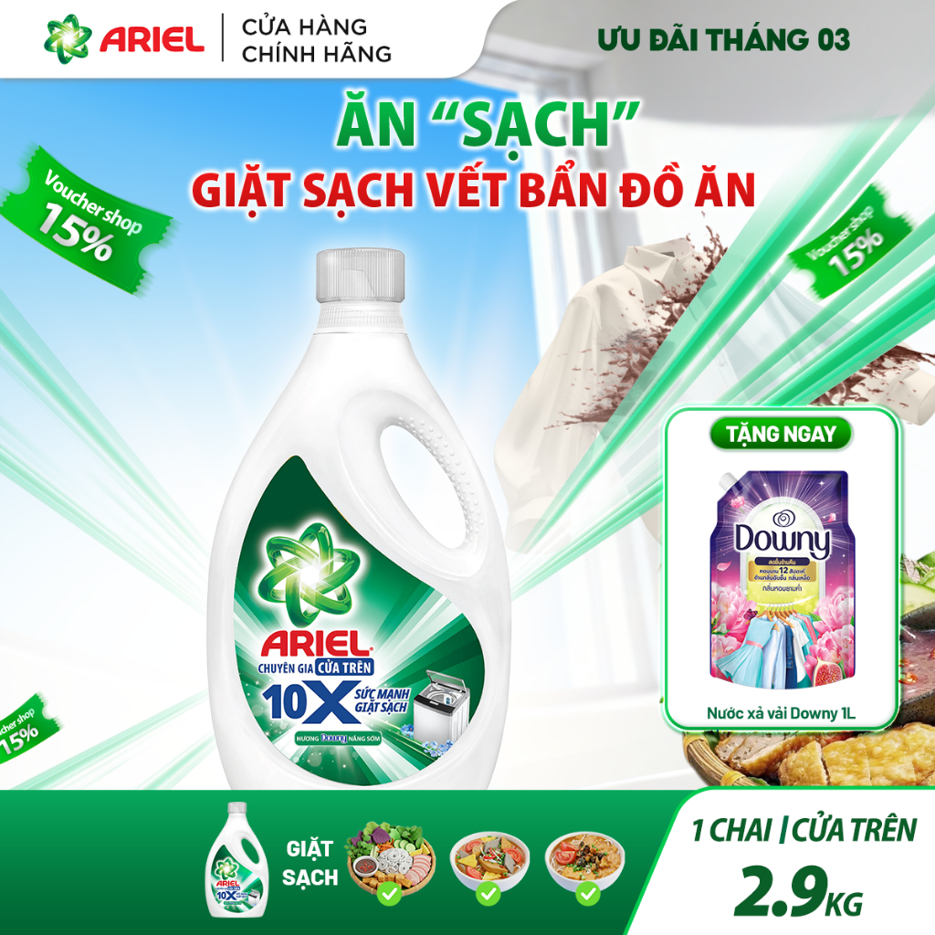 [LIVE] Chai nước giặt cửa trên Ariel Gel ARIEL 10X Hương Downy Nắng Sớm 2.9KG + Tặng 1 Nước Xả Downy