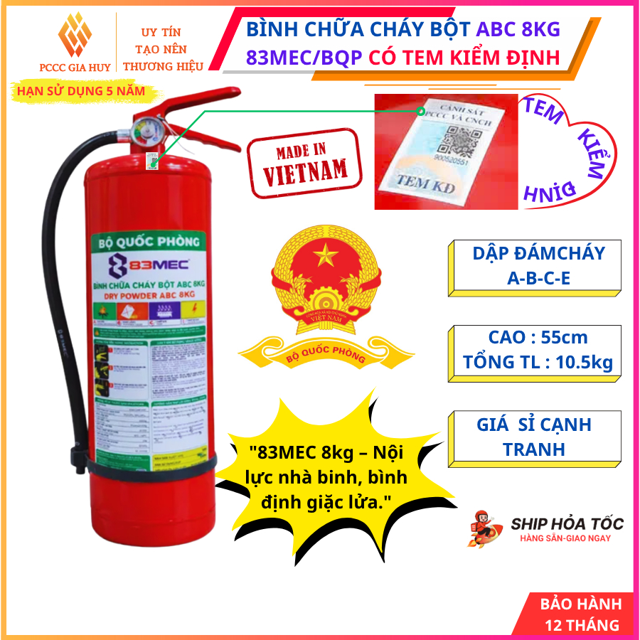 Bình chữa cháy bột ABC 8Kg 83MEC của Bộ Quốc Phòng có tem kiểm định-Dùng cho gia đình, kho xưởng...