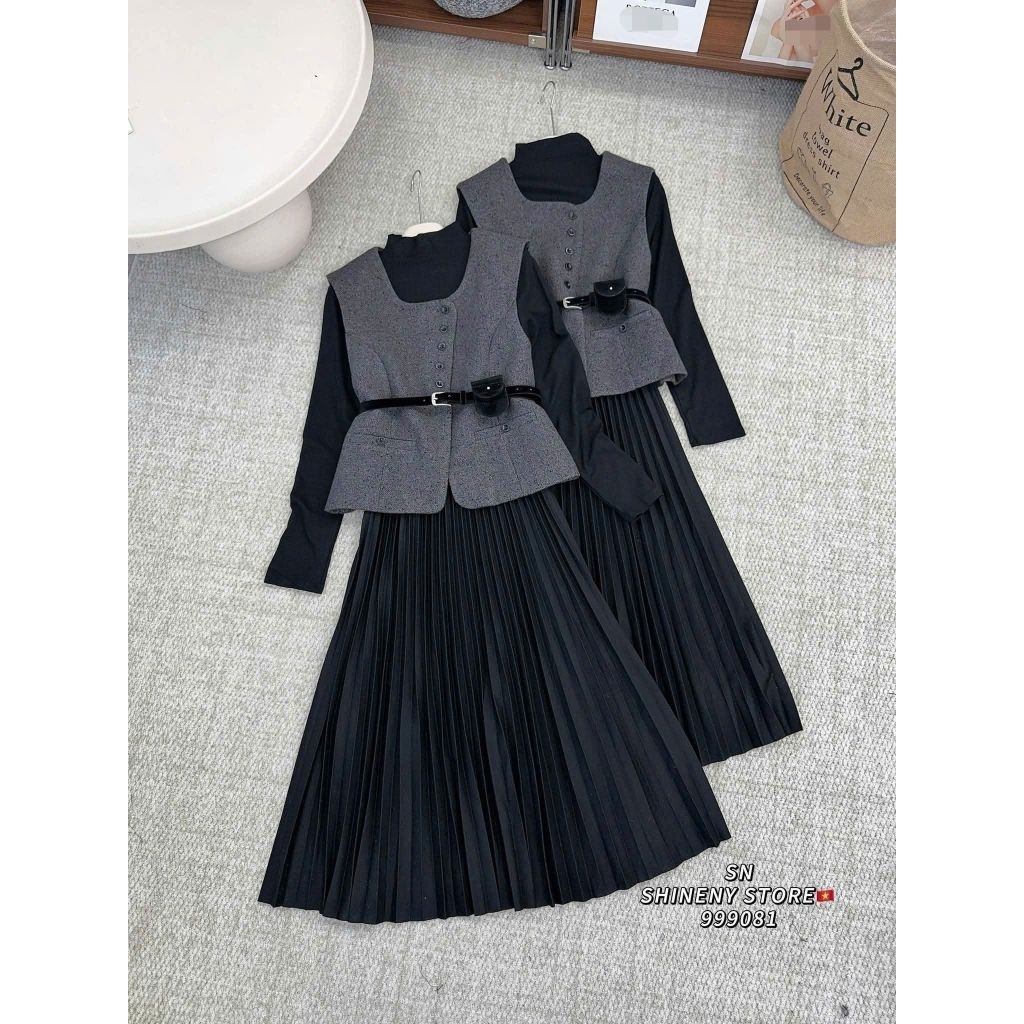 Set Váy maxi dáng dài, chân xếp ly, phối Áo gile dạ, kèm thắt lưng