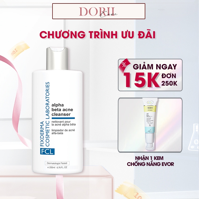 Fixderma Sữa Rửa Mặt Giảm Mụn Cho Da Nhờn FCL Alpha-Beta Acne Cleanser 200ml tặng KCN EVOR