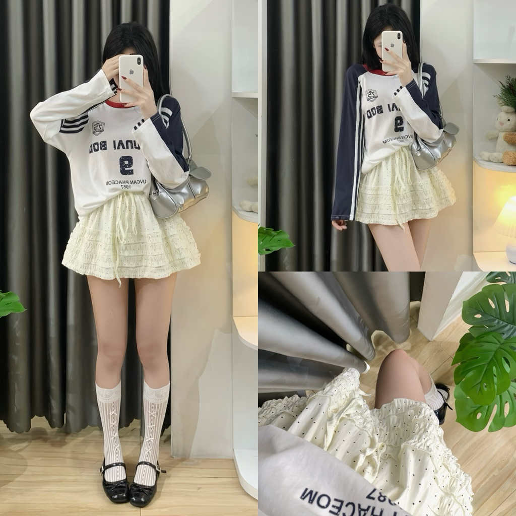 | Hta.boutique | Chân váy ngắn bồng xoè chấm bi chân bèo cạp cao chun buộc nơ dễ thương