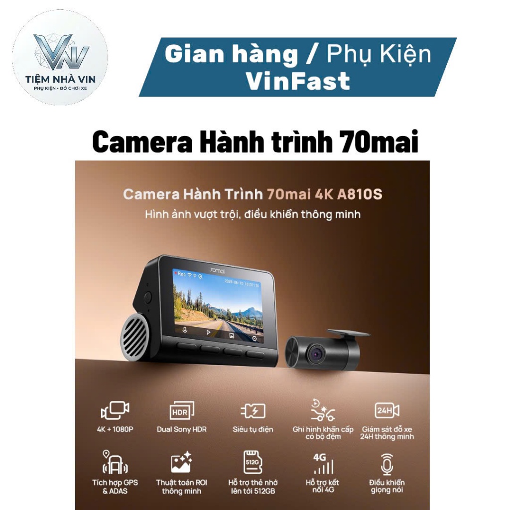 (70Mai) Camera hành trình 70Mai A810S 4K Quốc Tế Chính hãng, cảnh báo ADAS, hỗ trợ giám sát đỗ xe, B