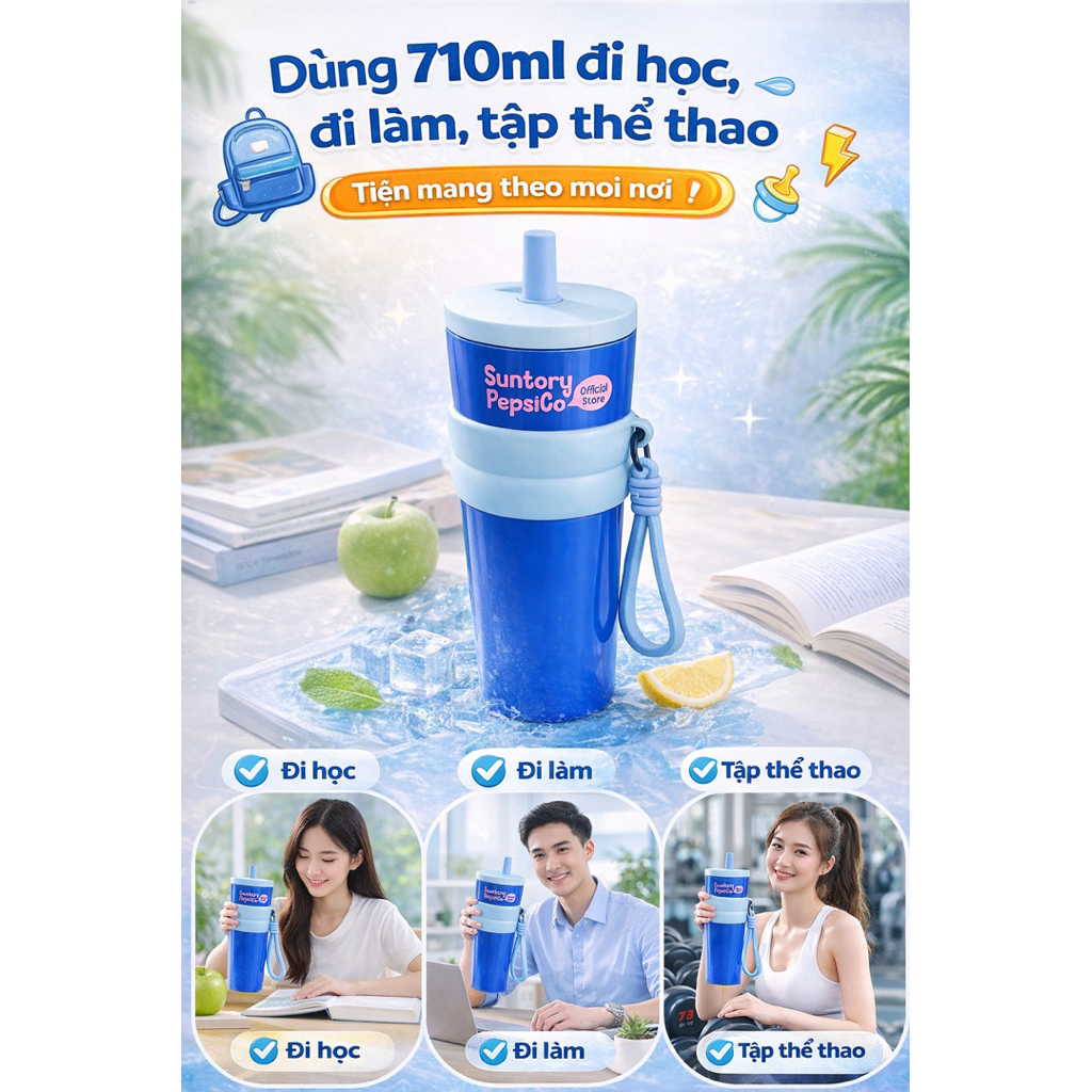 Cốc Giữ Nhiệt Suntory PepsiCo 710ml TD710 – Ly Giữ Nhiệt Có Ống Hút, Quai Xách, Dung Tích Lớn Mang Đ