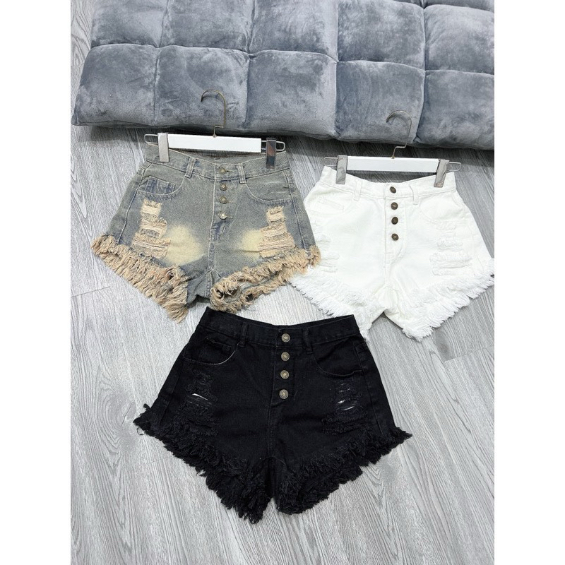 Quần short jean 4 nút lai tua rách 3 đường