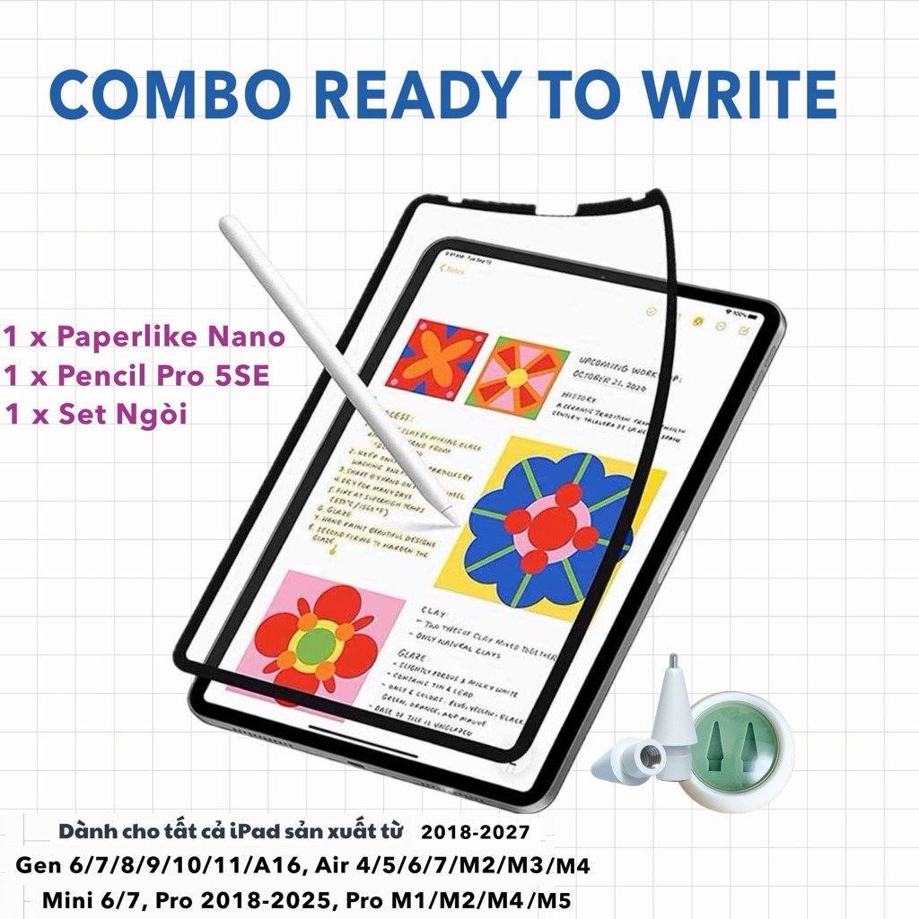 [Ready To Write] Combo phụ kiện ipad TommyCase gồm có bút pencil 5SE, paperlike nano và set ngòi kim