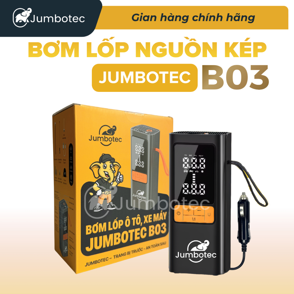 Bơm Lốp Thông Minh Đa Năng Jumbotec B03: Pin 6000mAh & Tẩu 12V, Dùng Tiện Lợi Cho Ô Tô, Xe Máy