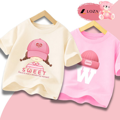 Áo phông cho bé gái in nhiều hình cute màu hồng, màu be chất liệu thun cotton size từ 15-40kg Loza G0450