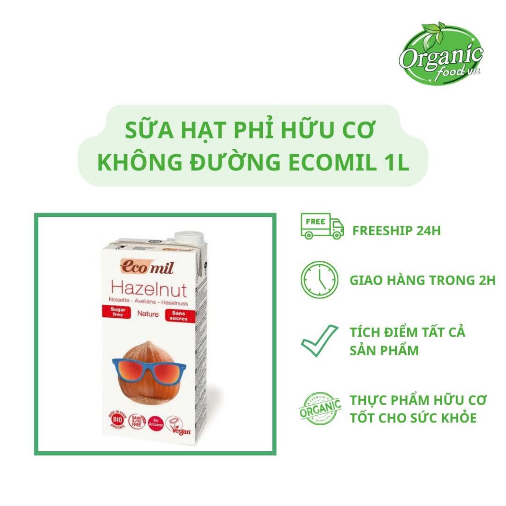 Sữa hạt phỉ hữu cơ không đường Ecomil 1l