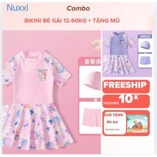 Bikini giả váy cho bé gái 2 màu hồng tím kèm quần rời + mũ bơi 12-50kg