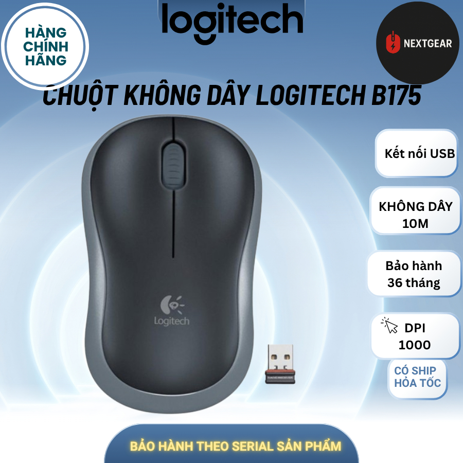 Chuột Không Dây Logitech B175 – Wireless 2.4GHz, 1000 DPI, Plug & Play Chính Hãng NextGear
