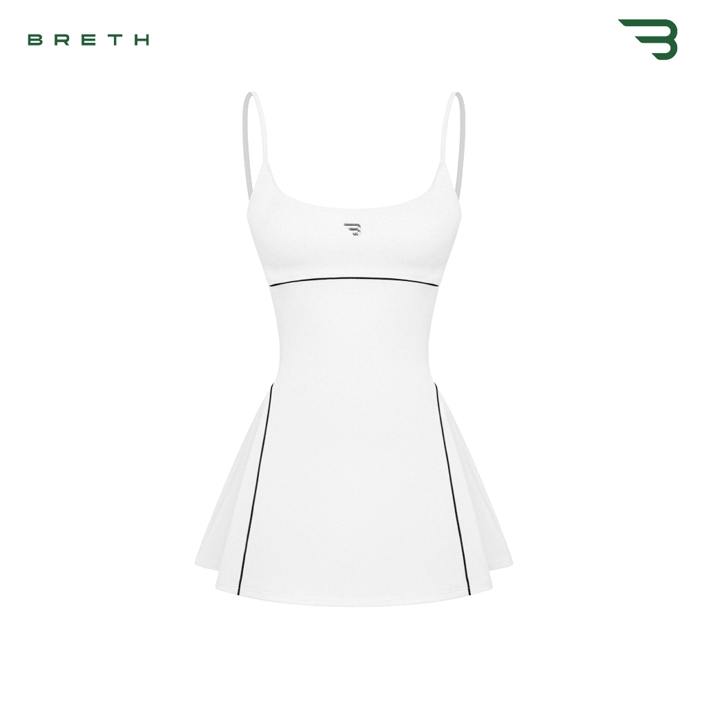 Đầm thể thao 2 dây nữ form xòe BRETH khoét lưng kèm mút ngực và quần bảo hộ thun trắng viền đen Rosa