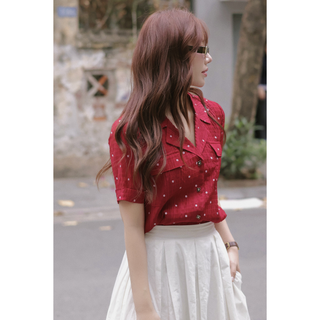 Áo Sơ Mi Nữ Dáng Vest Cổ V Màu Đỏ Hoa Nhí HAAN Design SM2638