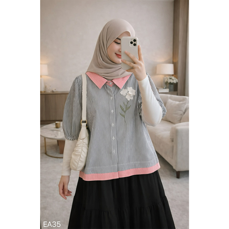 Striped Floral Branch Embroidery Short Sleeve Blouse Kemeja Wanita Elegant Sopan CHUU A3959