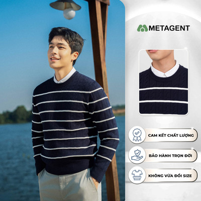 Áo len kẻ cổ tròn nam Metagent MS 58E4103