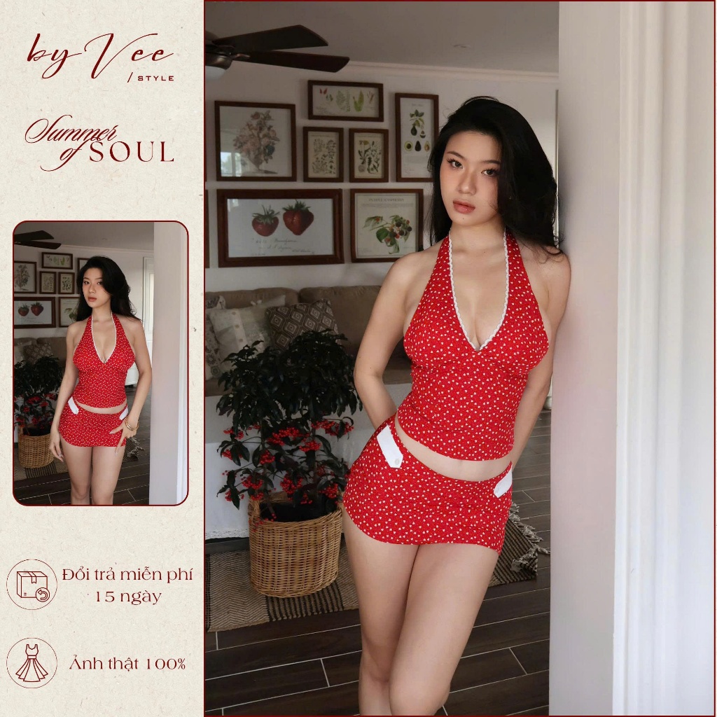 Set áo yếm chân váy ngắn chấm bi đỏ Mimi Set Byveestyle có mút ngực tôn dáng đi chơi, chụp ảnh