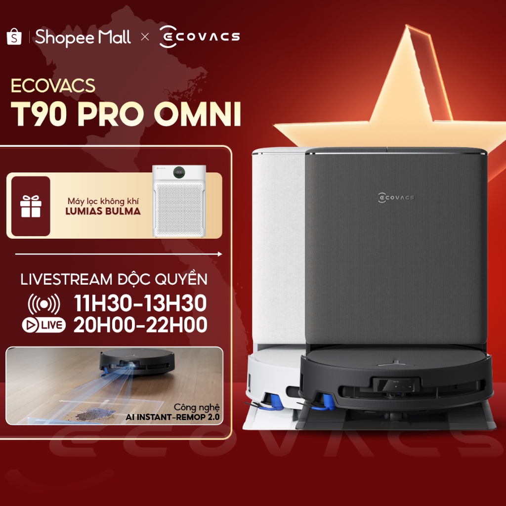 Robot hút bụi thông minh Ecovacs T90 PRO OMNI - Lực hút 30.000 Pa - AI Stain Detection 2.0 - ZeroTan