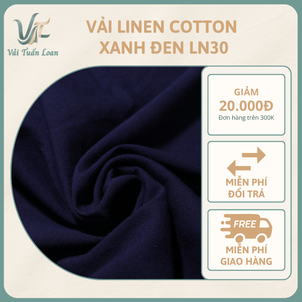 Vải Linen Cotton LN30 - Màu Xanh Đen - Khổ 1m49 - Thoáng Mát, Đứng Dáng May Sơ Mi, Váy Đầm, Quần Tây
