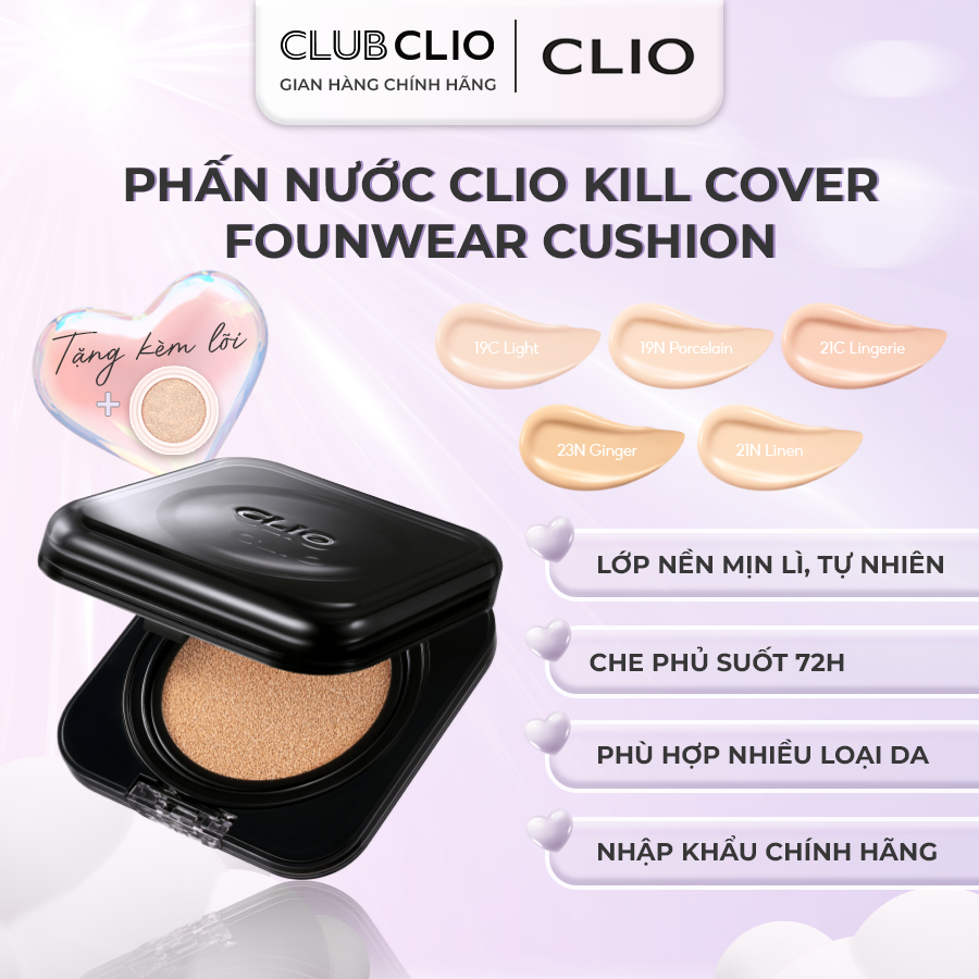 Phấn Nước Cushion CLIO Kill Cover The New Founwear 15g Che Khuyết Điểm Hoàn Hảo Hàng Chính Hãng CLCSNF (Kèm Lõi)