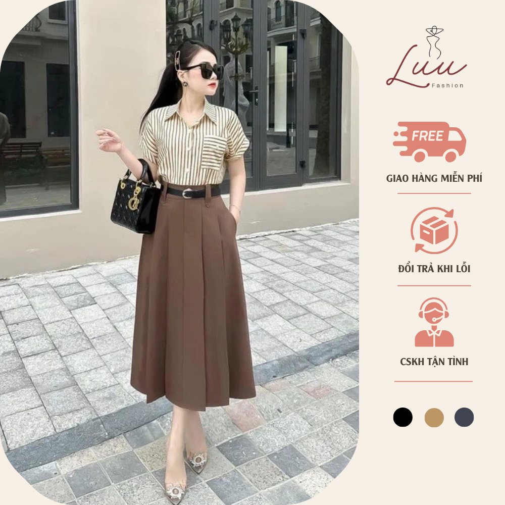 Chân váy xếp ly dài 75cm kèm đai  nữ trẻ trung dáng xoè nhẹ - Luu fashion