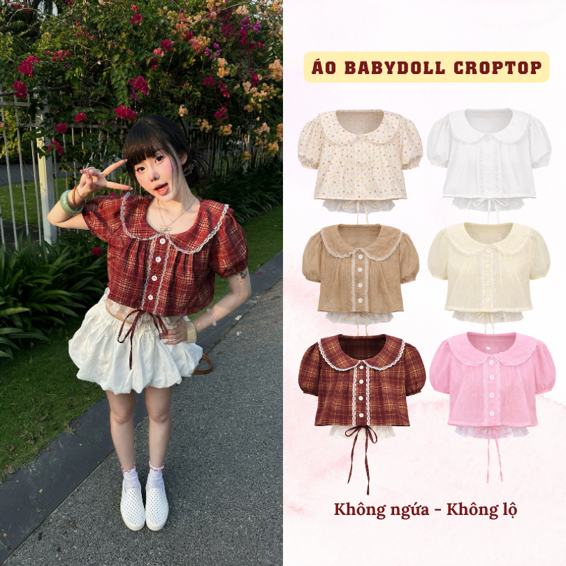 [SUMMER - HÈ] Áo Babydoll Croptop tay phồng SAIGONESE PINK phối ren bo thun không lộ - A15SP | BigBuy360 - bigbuy360.vn