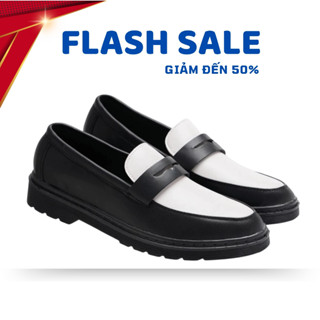 Giày Penny Loafer Đen Trắng, Giày Lười Da Nam Đế Cao Su Đúc Nguyên Khối Hàng Cao Cấp